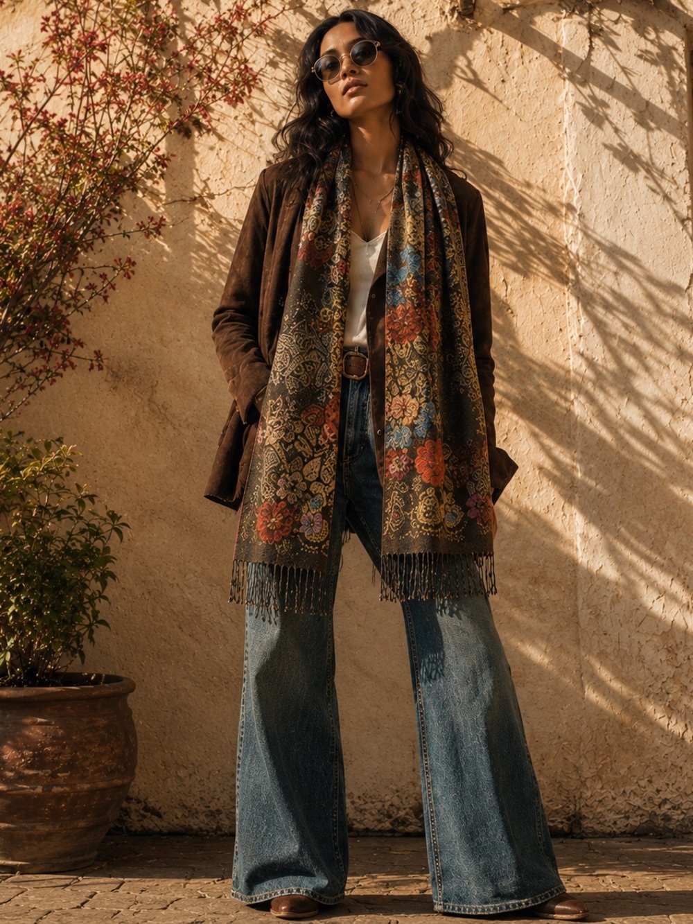 Floral Paisley Woven Scarf - Brown